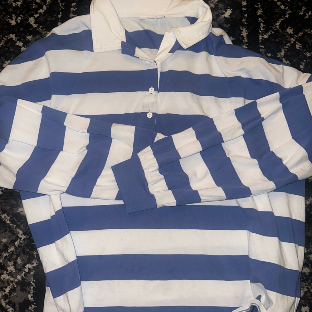 Blue and White Striped Rugby Shirt